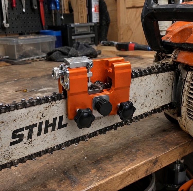 TimberSharp clamped on a chainsaw bar in a workshop